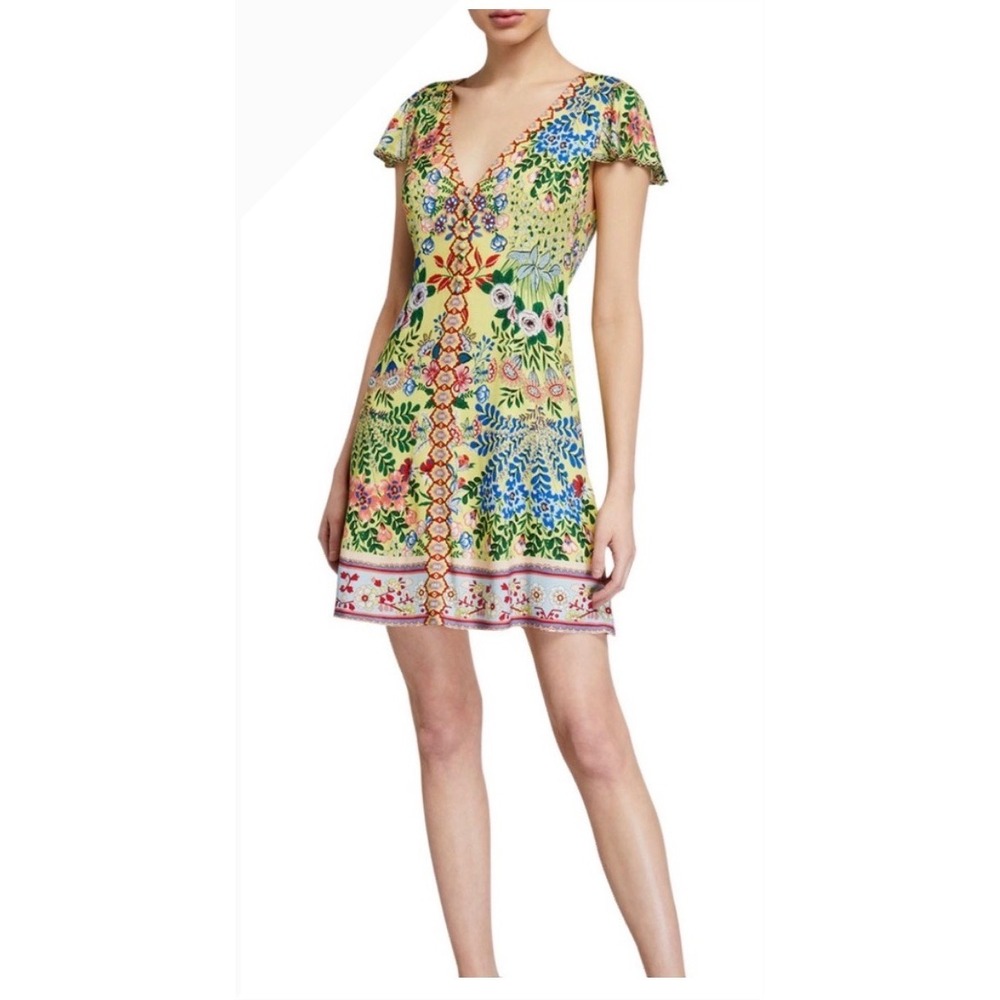 Alice + Olivia Yellow‎ Floral Flutter Sleeve V-Neck Mini Dress Size 0